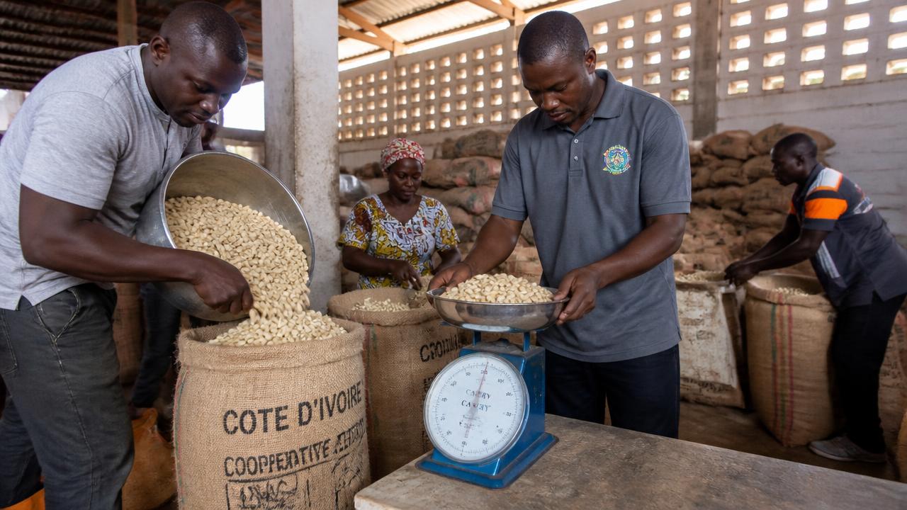 Acheteurs et coopérateurs ivoiriens pesant des sacs de noix de cajou